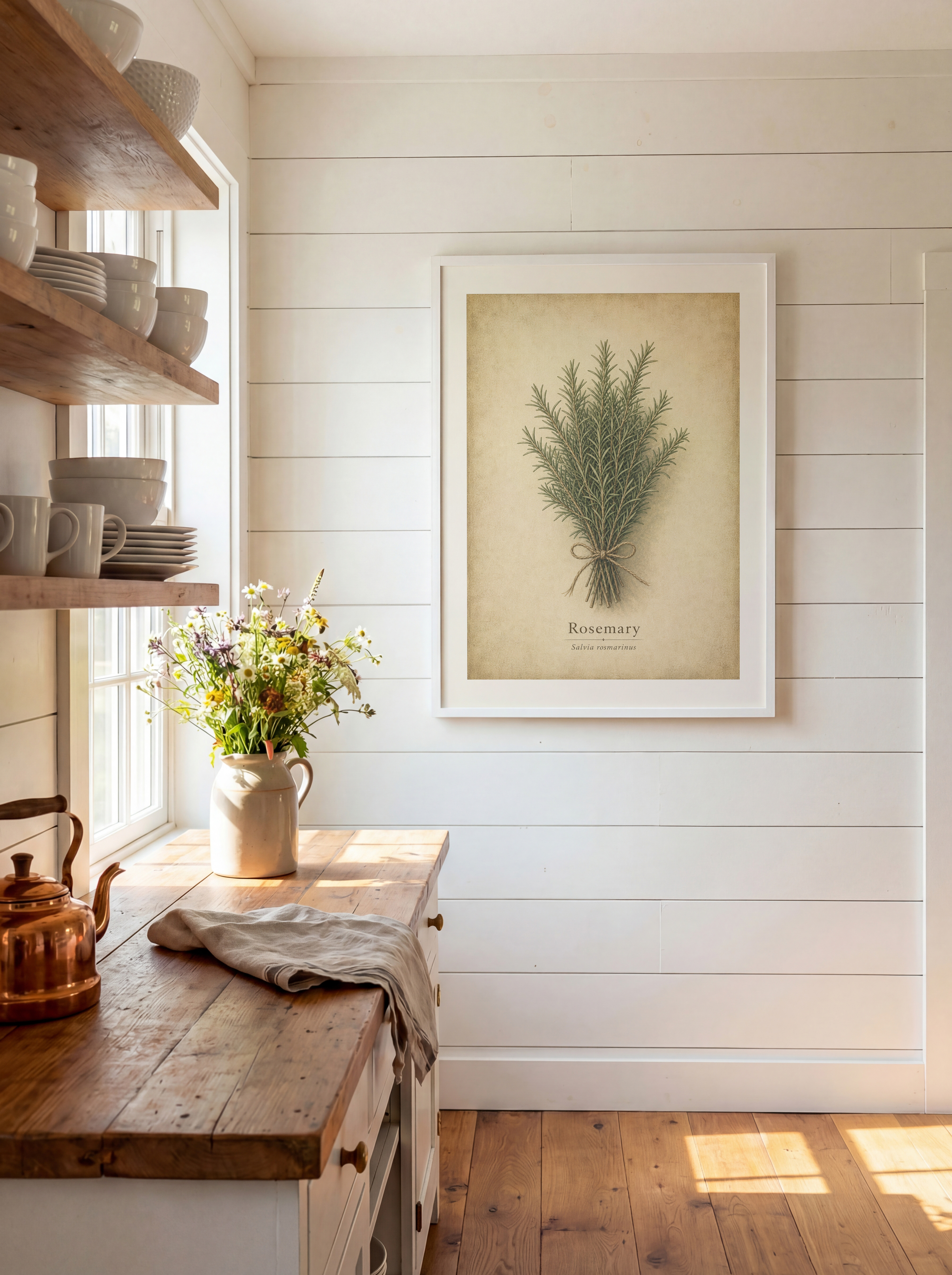 A framed rosemary poster with a slender herb bundle and beige parchment background hangs on a white shiplap kitchen wall above a wooden counter.