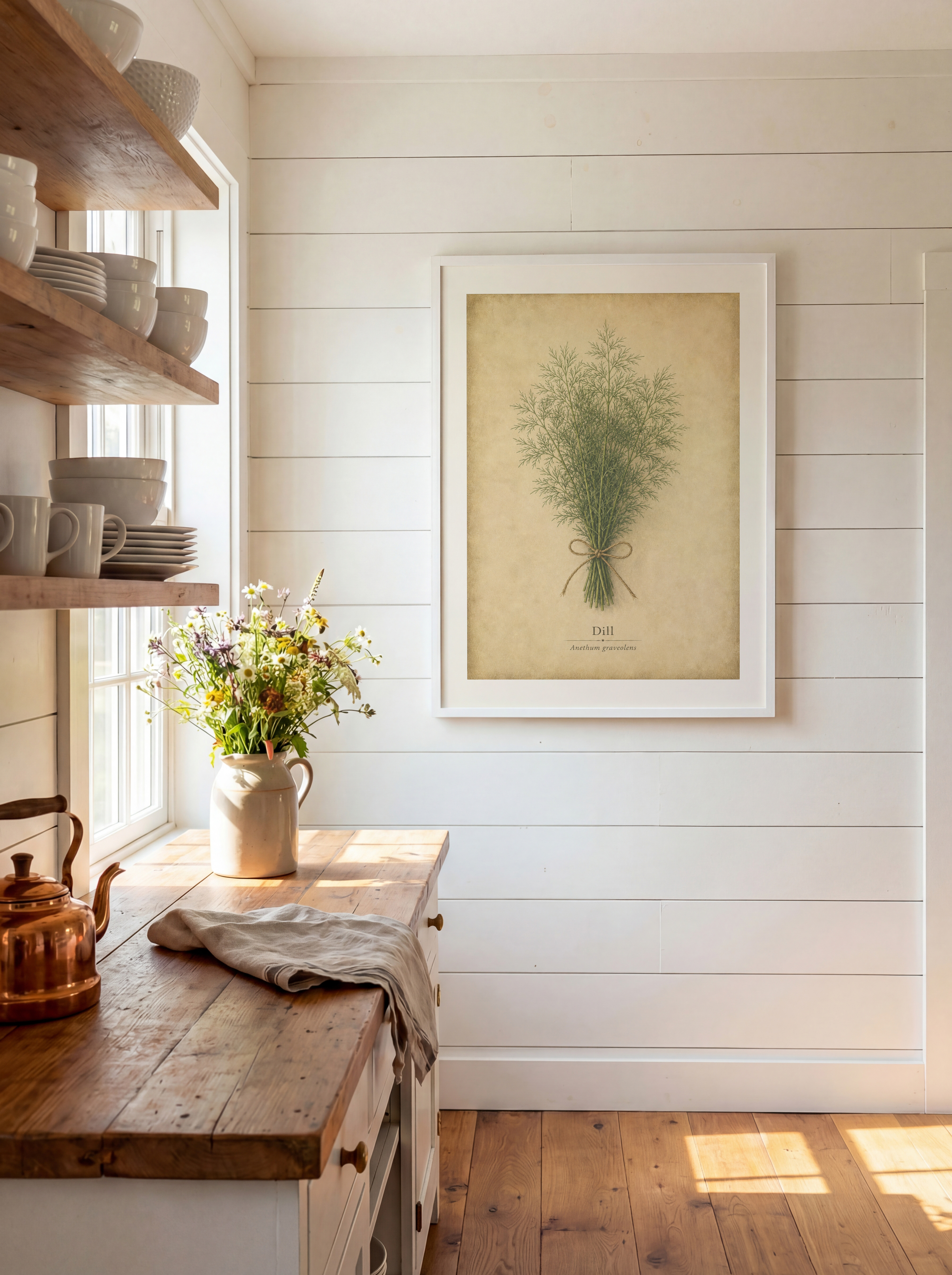 A framed dill poster with a feathery herb bundle and beige parchment background hangs on a white shiplank kitchen wall above a wooden counter.