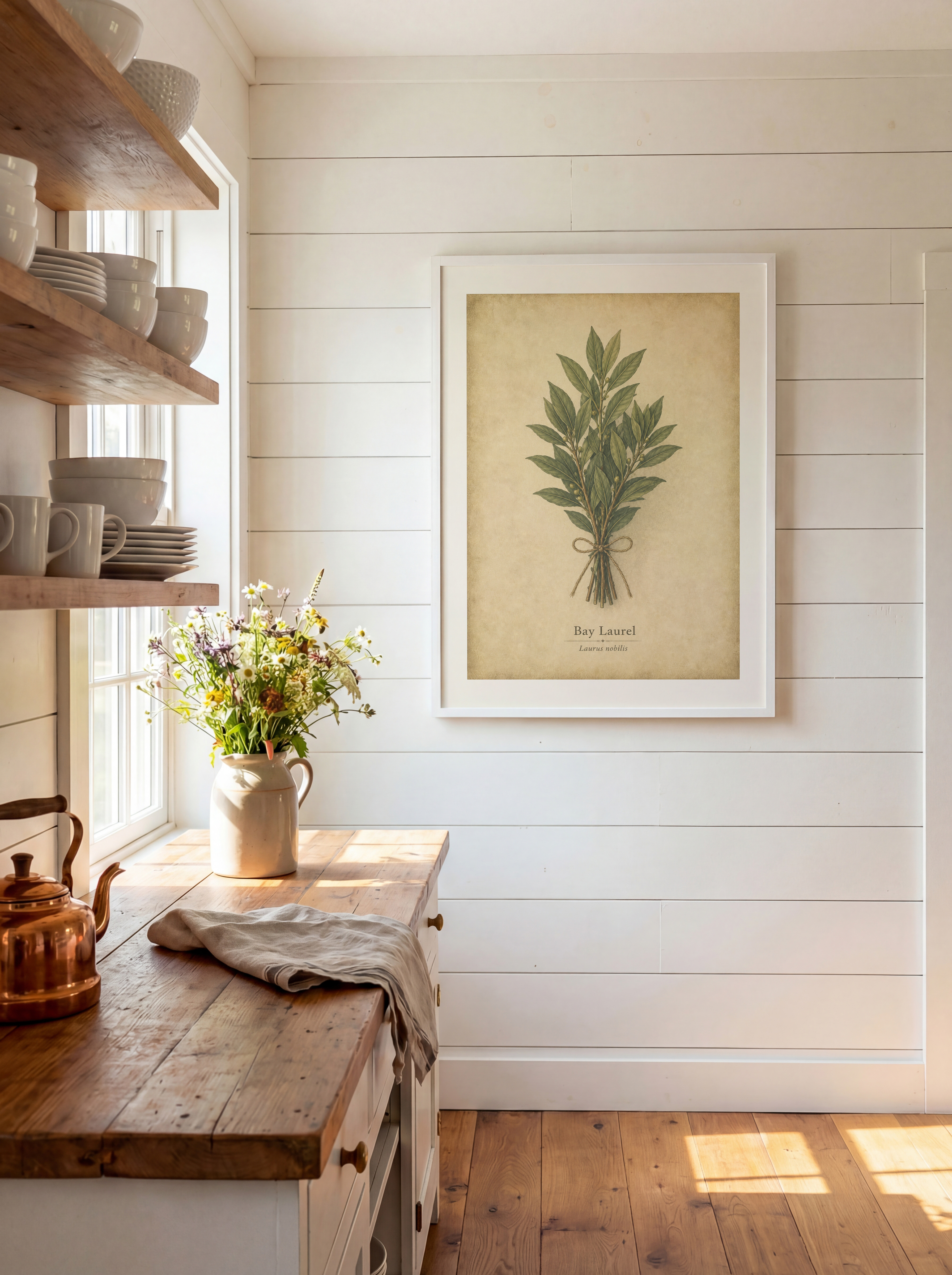 A framed bay laurel poster with a tall leafy sprig and beige parchment background hangs on a white shiplank kitchen wall above a wooden counter.