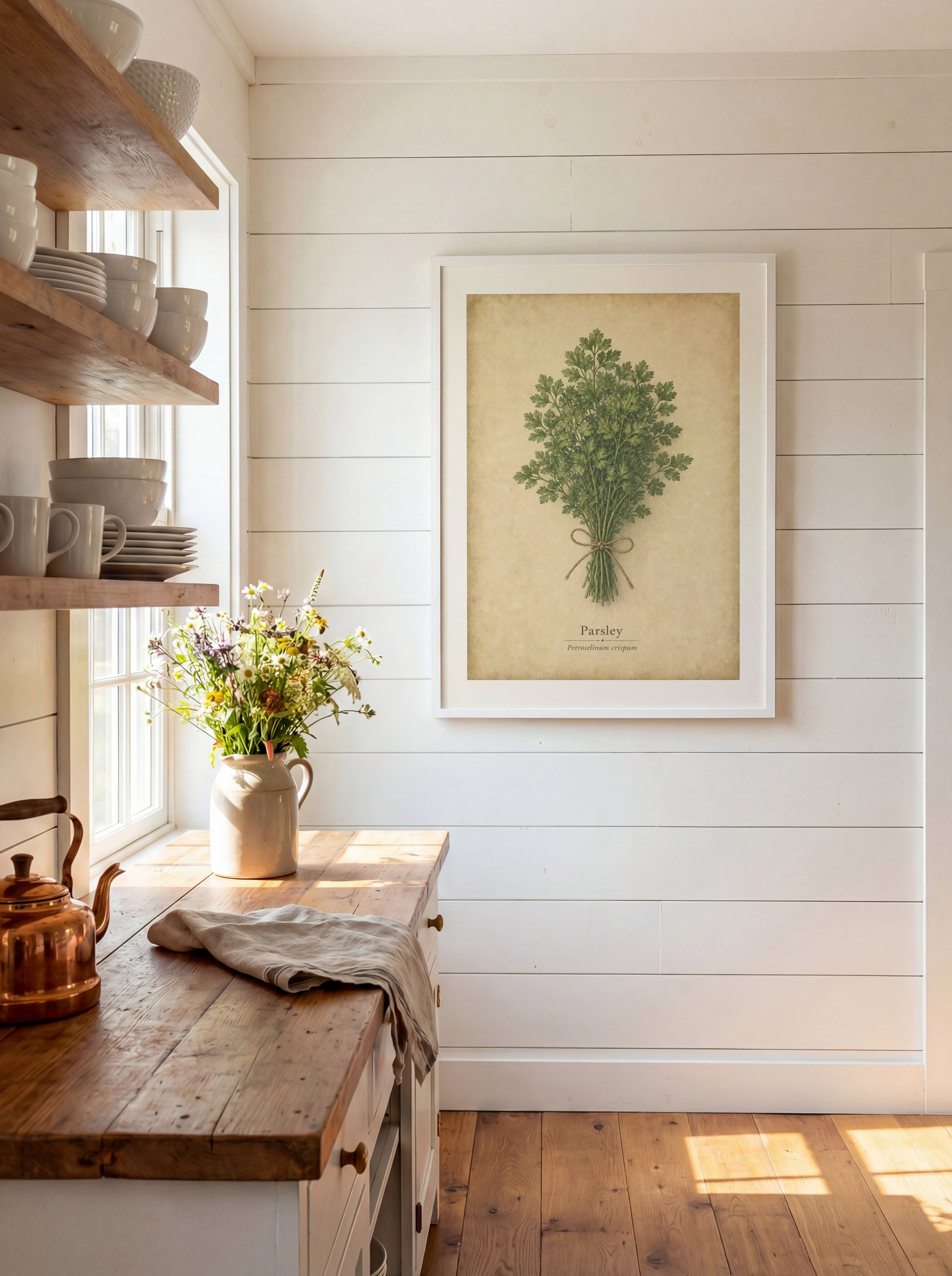 A framed parsley poster with a leafy herb bundle and beige parchment background hangs on a white shiplank kitchen wall above a wooden counter.