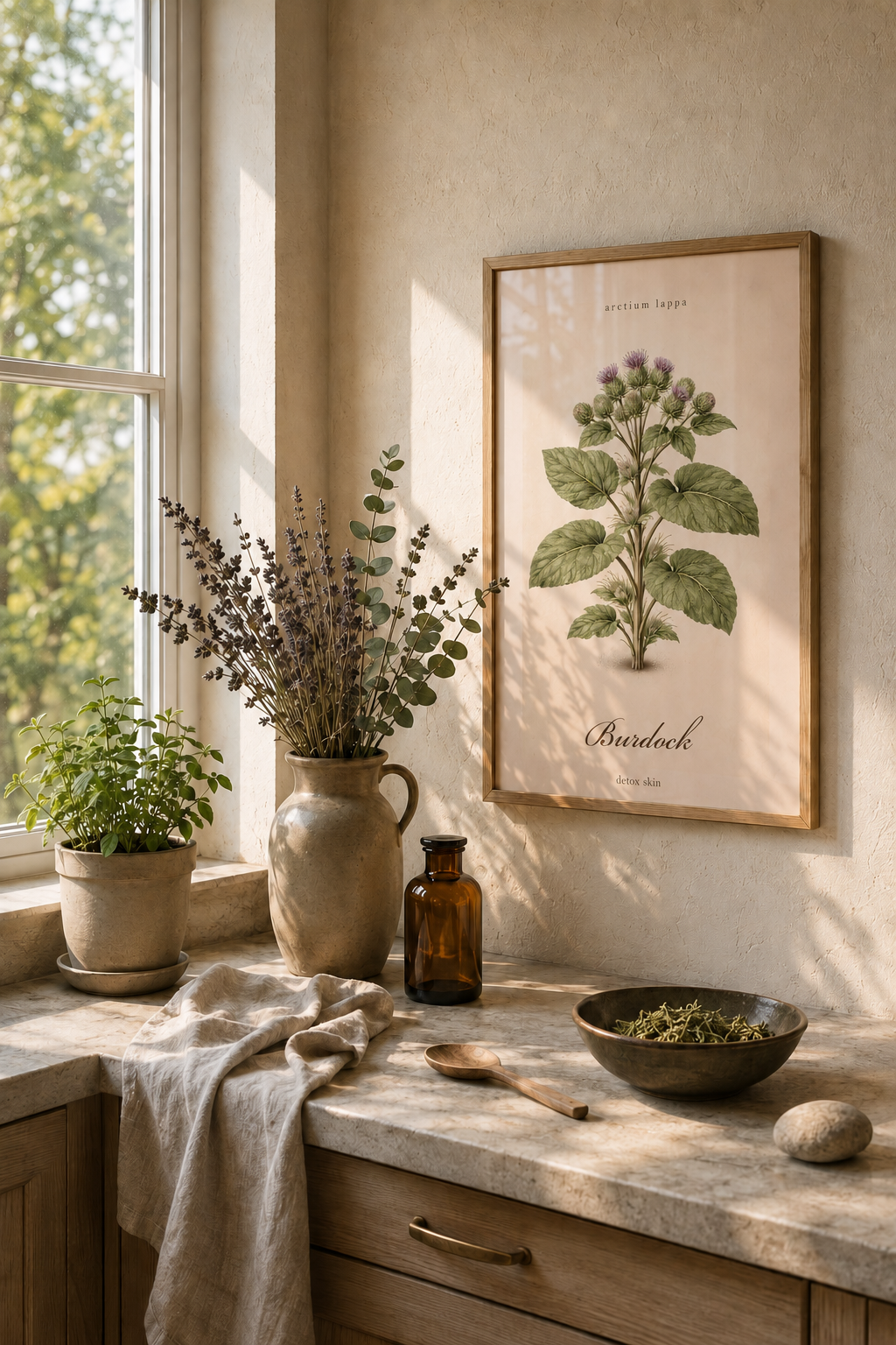 Vintage sepia wild herb botanical poster featuring Burdock (Arctium lappa) on aged paper, with delicate plant detail and a simple herbarium reference layout.