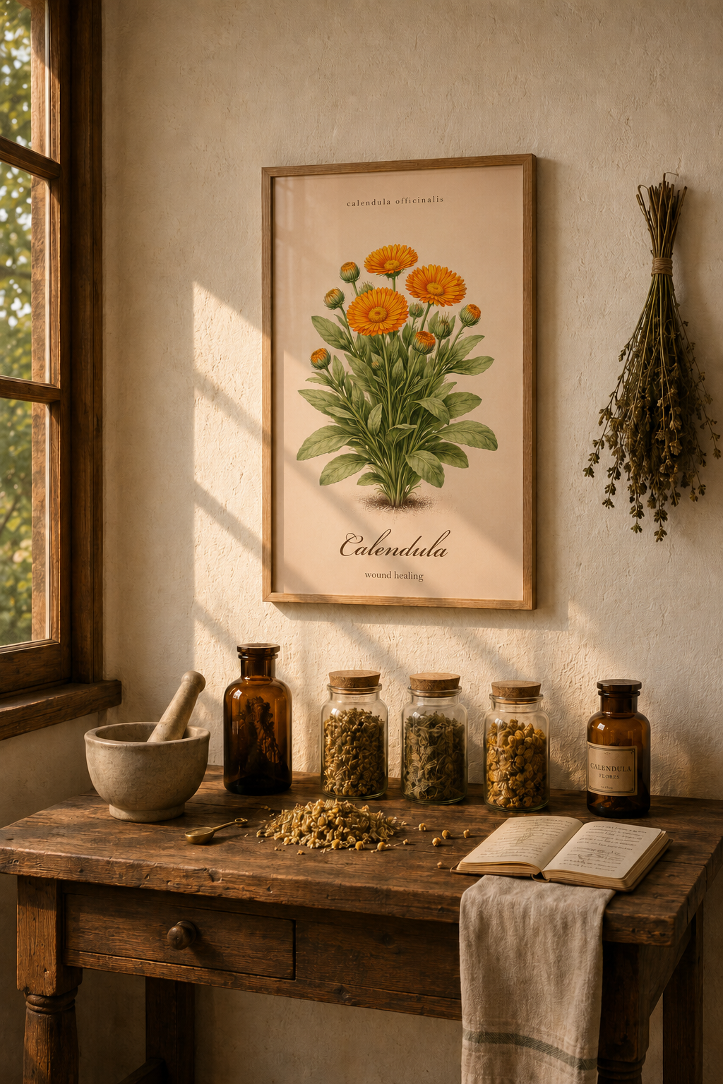 Vintage sepia medicinal herb poster featuring Calendula (Calendula officinalis) as a detailed botanical illustration on aged paper, with a clear printed title and apothecary reference style.