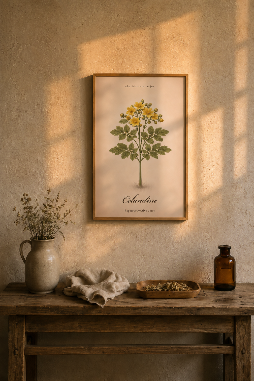 Vintage sepia wild herb botanical poster featuring Celandine (Chelidonium majus) on aged paper, with delicate plant detail and a simple herbarium reference layout.