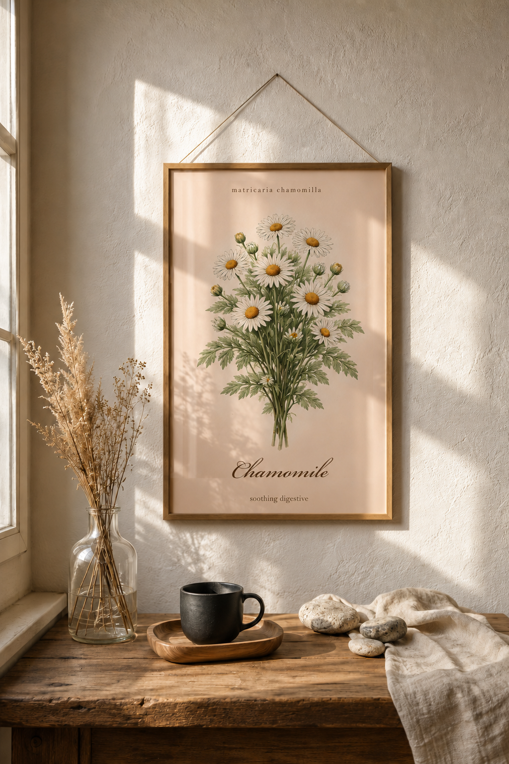Vintage sepia medicinal herb poster featuring Chamomile (Matricaria chamomilla) as a detailed botanical illustration on aged paper, with a clear printed title and apothecary reference style.