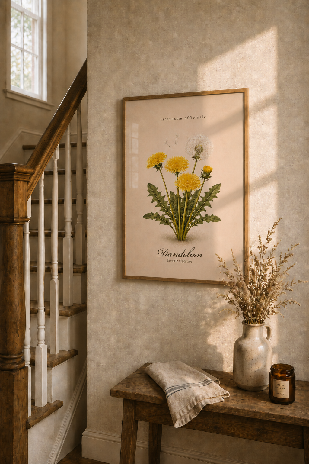 Vintage sepia medicinal herb poster featuring Dandelion (Taraxacum officinale) as a detailed botanical illustration on aged paper, with a clear printed title and apothecary reference style.