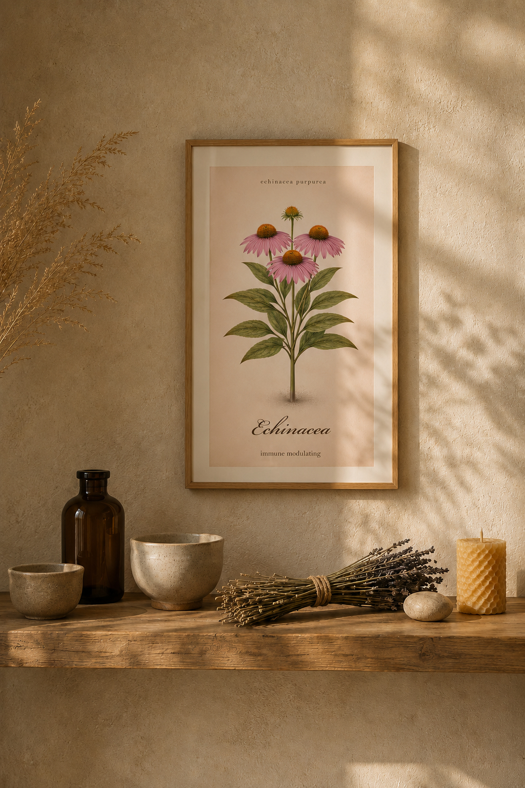 Vintage sepia medicinal herb poster featuring Echinacea (Echinacea purpurea) as a detailed botanical illustration on aged paper, with a clear printed title and apothecary reference style.