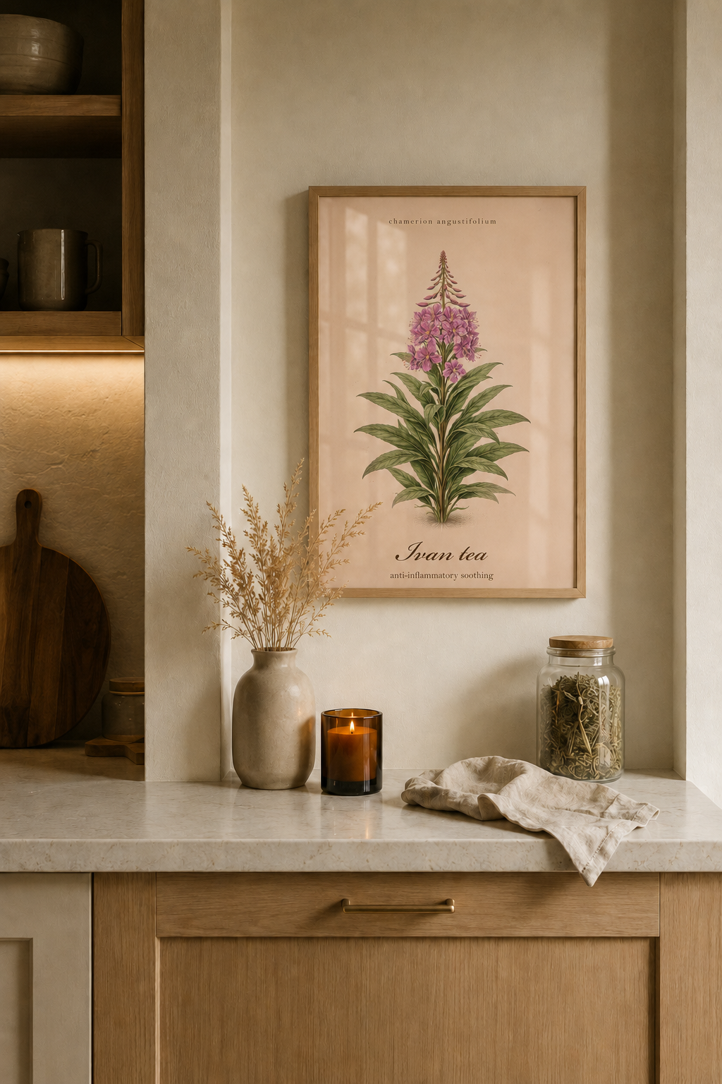 Vintage sepia wild herb botanical poster featuring Ivan Tea (Chamerion angustifolium) on aged paper, with delicate plant detail and a simple herbarium reference layout.