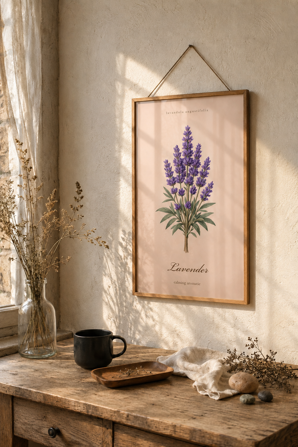 Vintage sepia medicinal herb poster featuring Lavender (Lavandula angustifolia) as a detailed botanical illustration on aged paper, with a clear printed title and apothecary reference style.