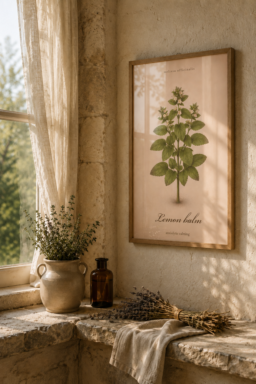 Vintage sepia medicinal herb poster featuring Lemon Balm (Melissa officinalis) as a detailed botanical illustration on aged paper, with a clear printed title and apothecary reference style.