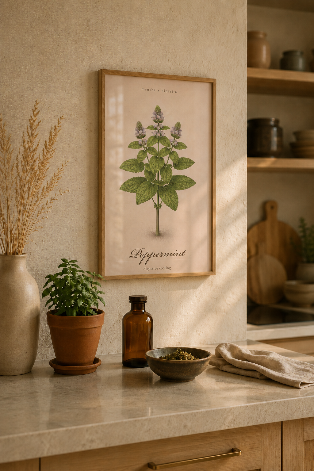 Vintage sepia kitchen herb poster featuring Mint (Mentha) as a detailed botanical illustration on aged paper, with a clean printed title and reference-style layout.