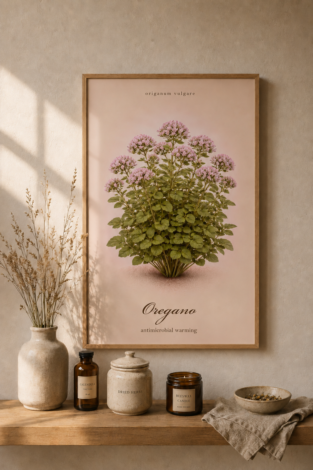 Vintage sepia kitchen herb poster featuring Oregano (Origanum vulgare) as a detailed botanical illustration on aged paper, with a clean printed title and reference-style layout.