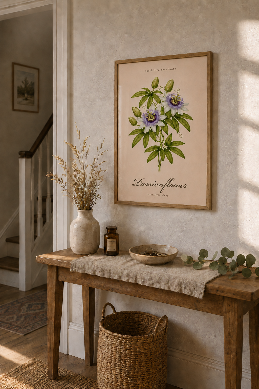 Vintage sepia medicinal herb poster featuring Passionflower (Passiflora incarnata) as a detailed botanical illustration on aged paper, with a clear printed title and apothecary reference style.