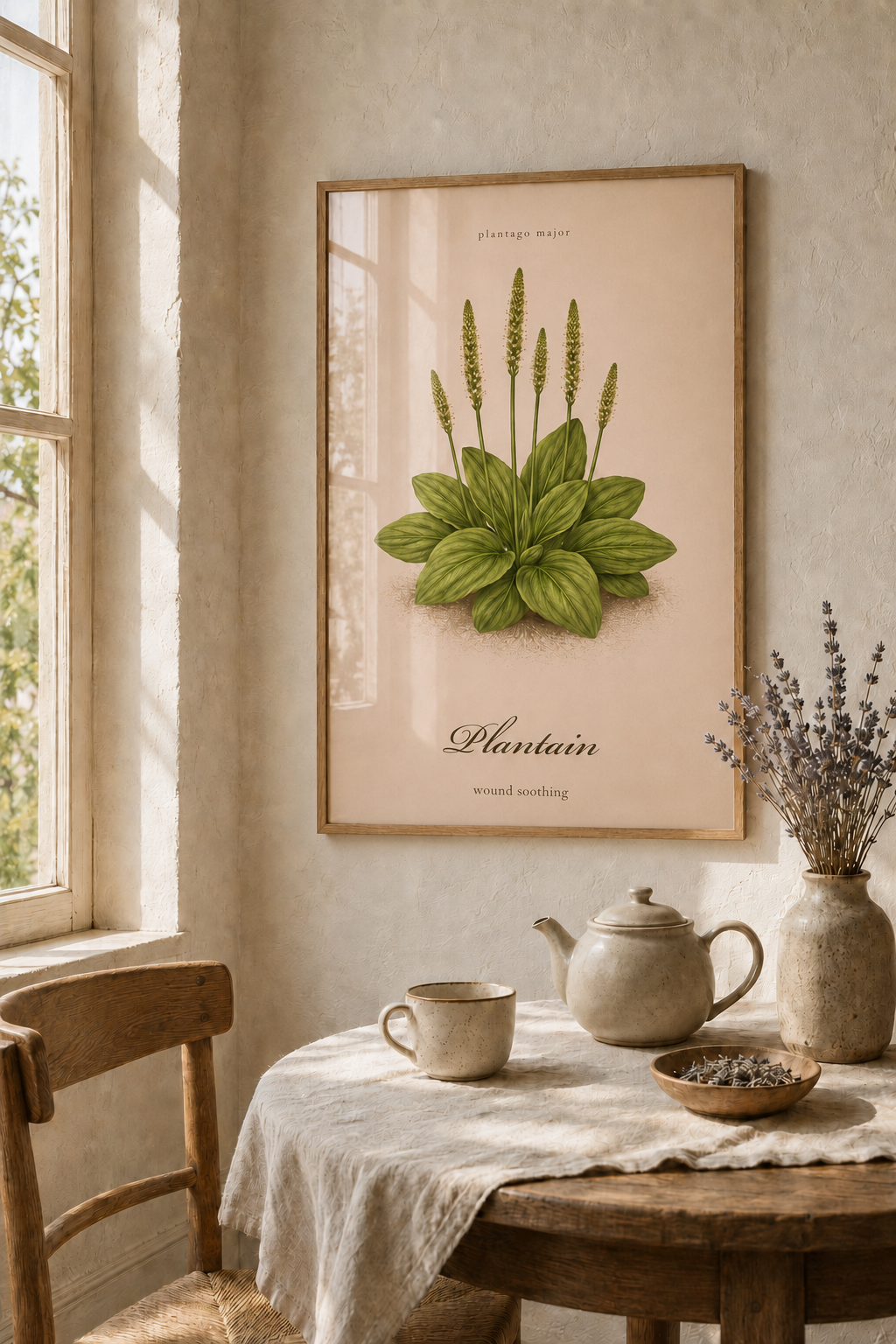 Vintage sepia medicinal herb poster featuring Plantain (Plantago major) as a detailed botanical illustration on aged paper, with a clear printed title and apothecary reference style.