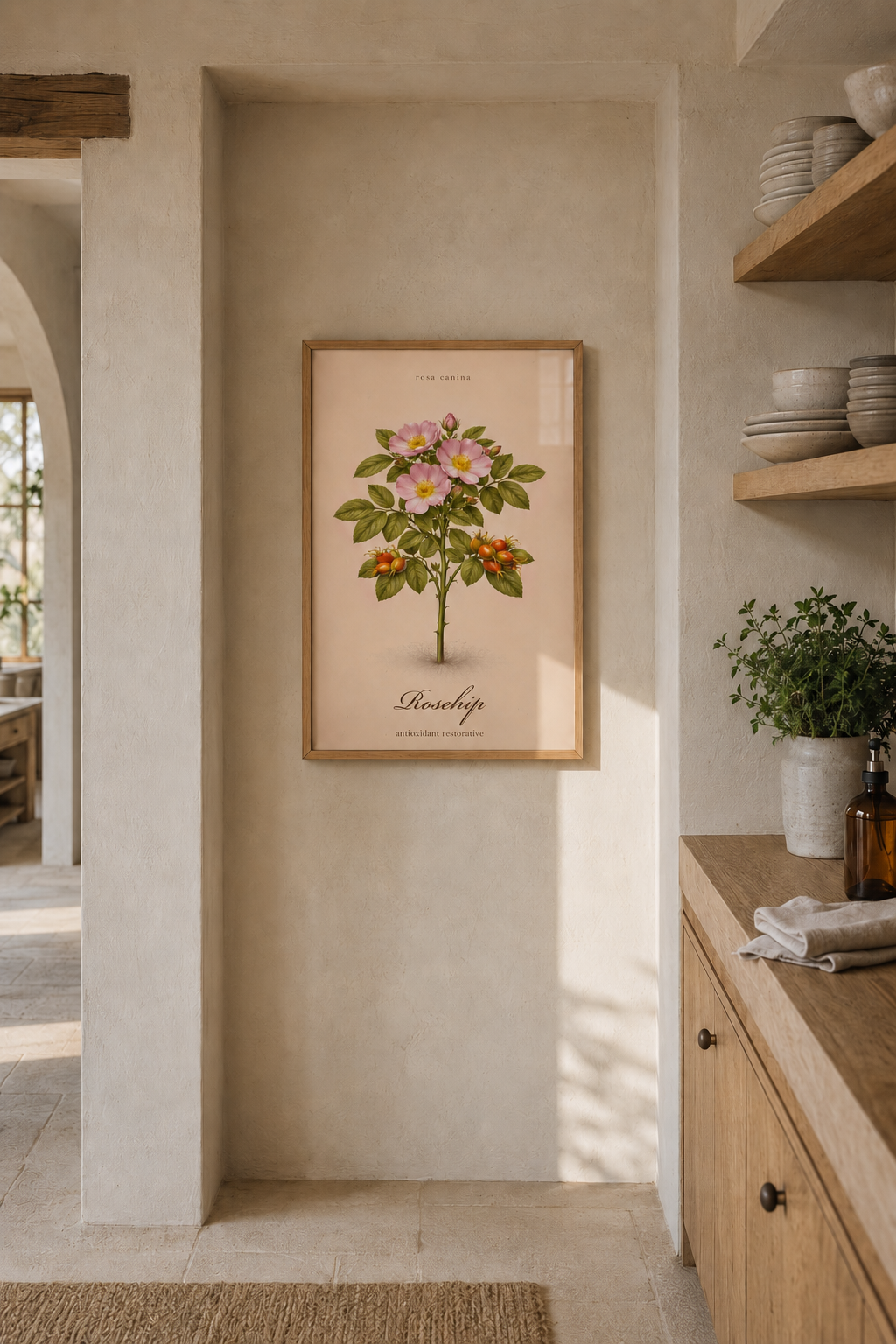 Vintage sepia medicinal herb poster featuring Rosehip (Rosa canina) as a detailed botanical illustration on aged paper, with a clear printed title and apothecary reference style.