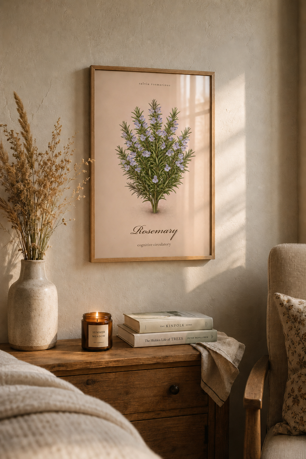 Vintage sepia kitchen herb poster featuring Rosemary (Salvia rosmarinus) as a detailed botanical illustration on aged paper, with a clean printed title and reference-style layout.