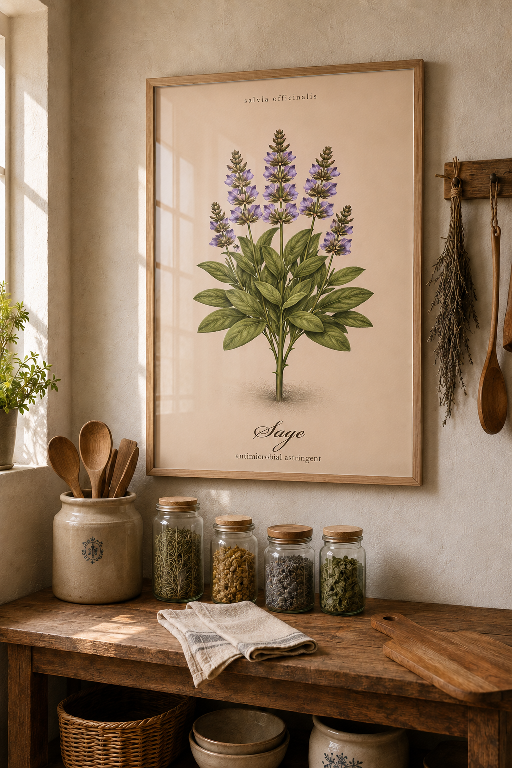 Vintage sepia kitchen herb poster featuring Sage (Salvia officinalis) as a detailed botanical illustration on aged paper, with a clean printed title and reference-style layout.