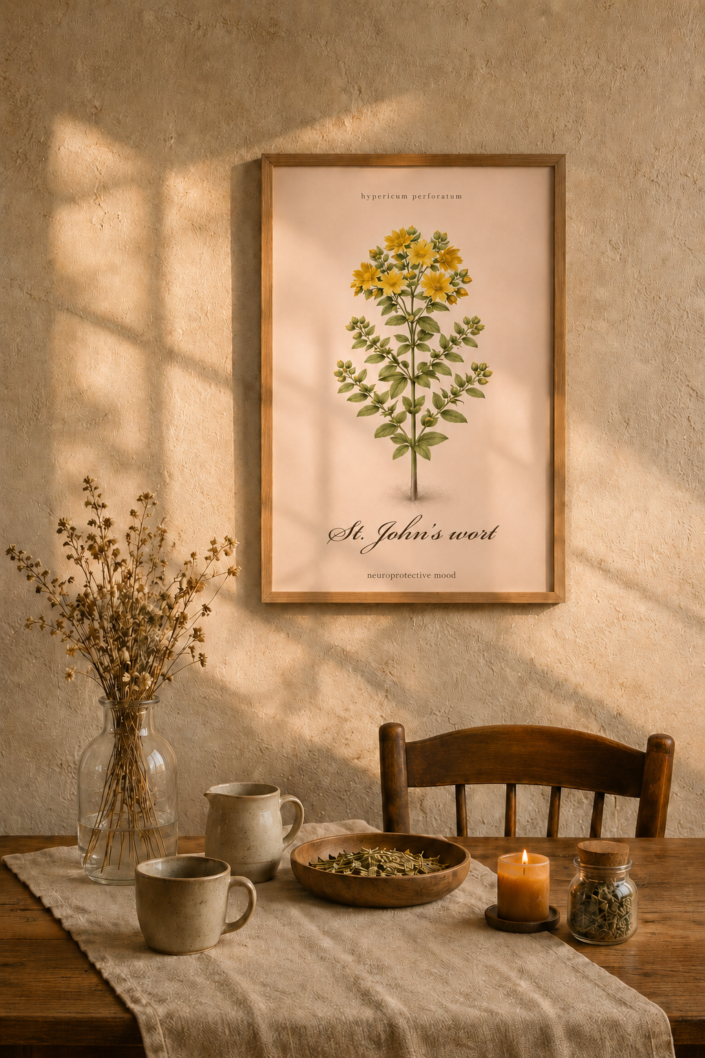 Vintage sepia medicinal herb poster featuring St Johns Wort (Hypericum perforatum) as a detailed botanical illustration on aged paper, with a clear printed title and apothecary reference style.