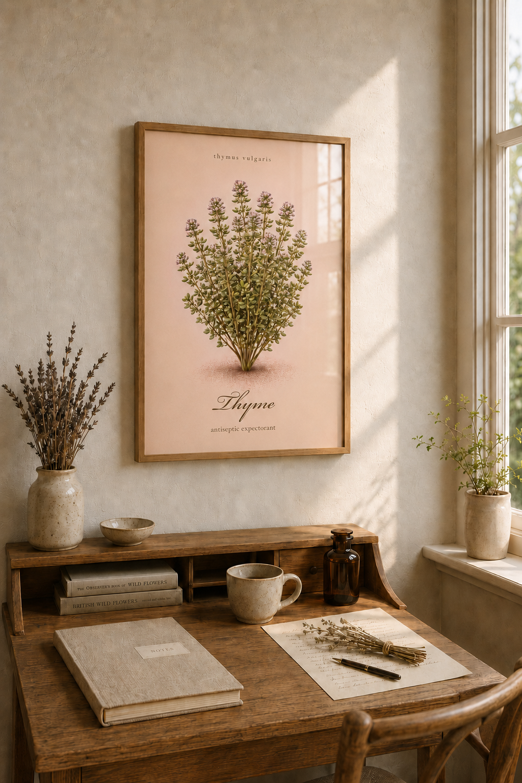 Vintage sepia kitchen herb poster featuring Thyme (Thymus vulgaris) as a detailed botanical illustration on aged paper, with a clean printed title and reference-style layout.