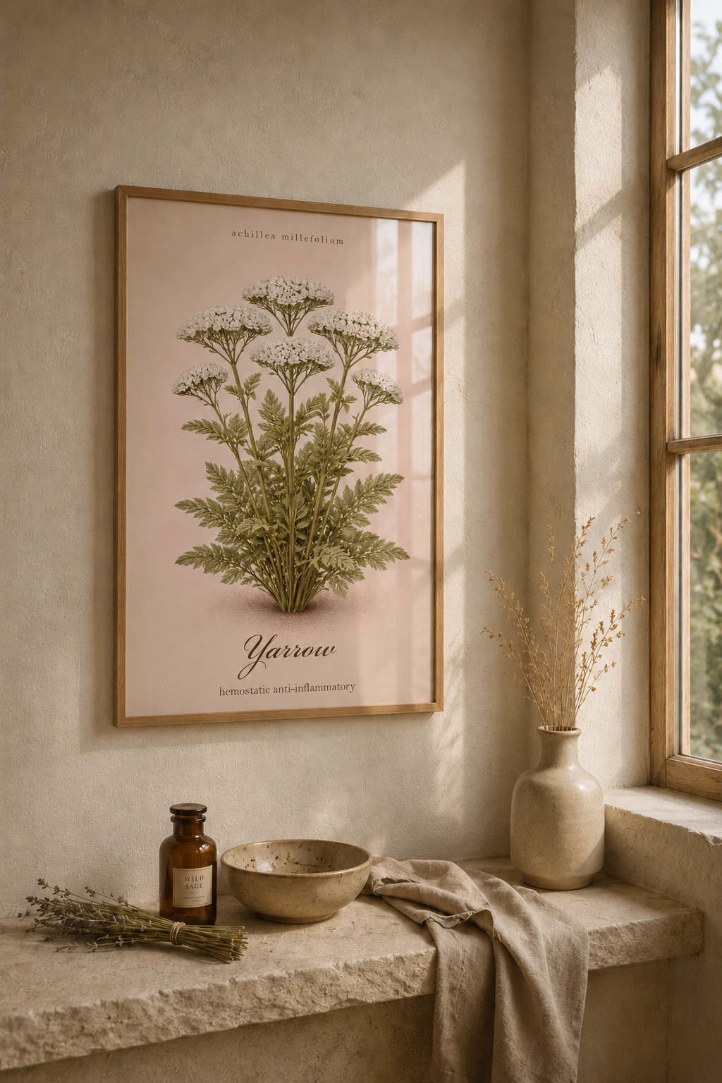 Vintage sepia medicinal herb poster featuring Valerian (Valeriana officinalis) as a detailed botanical illustration on aged paper, with a clear printed title and apothecary reference style.