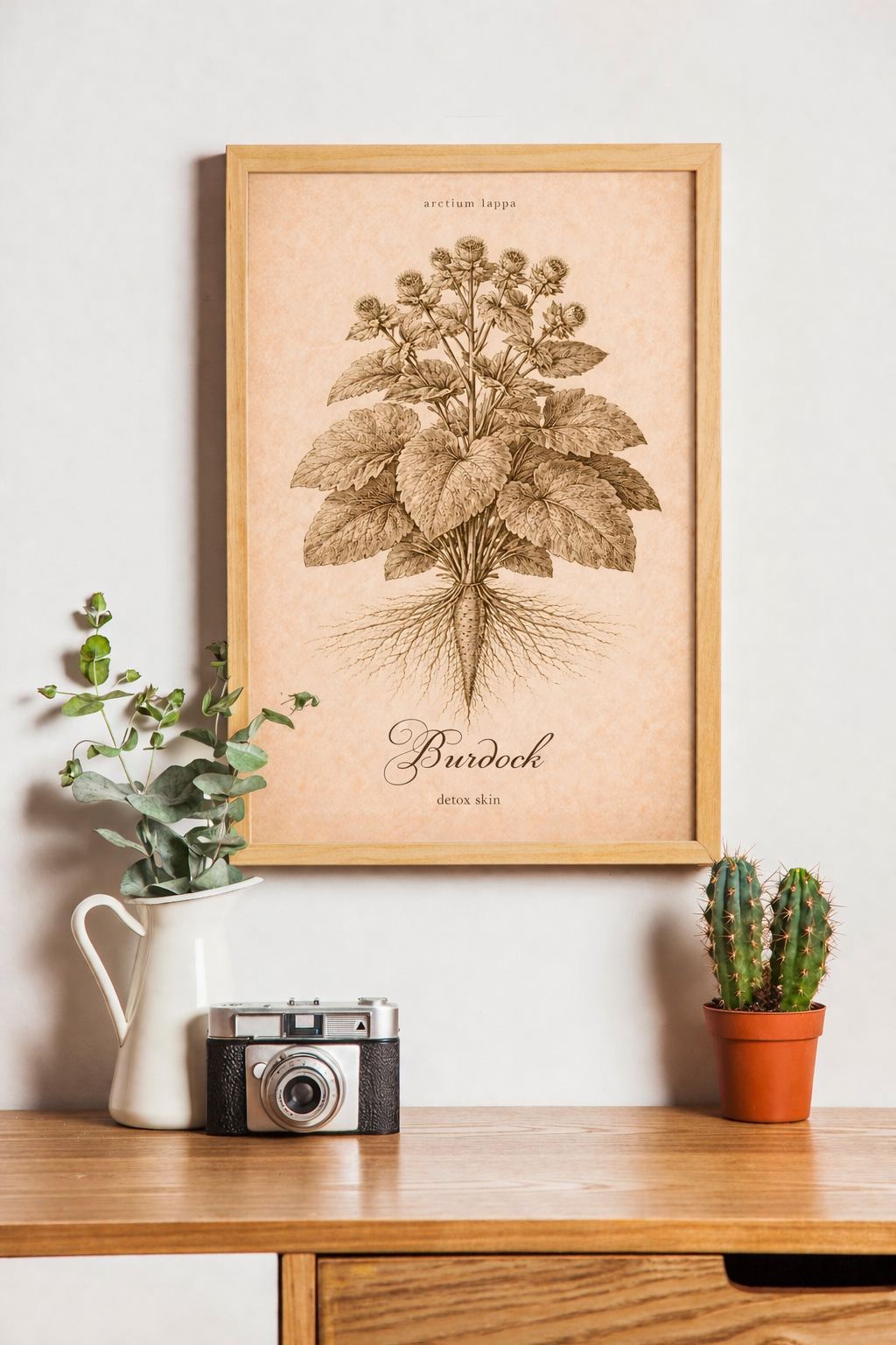 Vintage sepia wild herb botanical poster featuring Burdock (Arctium lappa) on aged paper, with delicate plant detail and a simple herbarium reference layout.