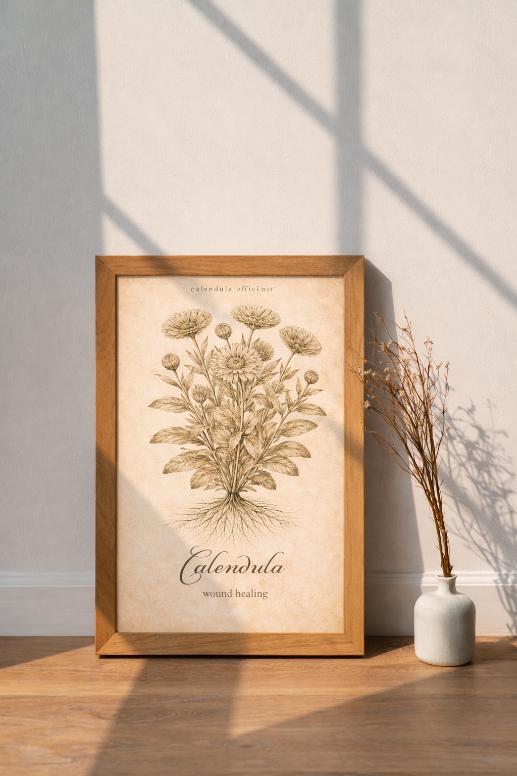 Vintage sepia medicinal herb poster featuring Calendula (Calendula officinalis) as a detailed botanical illustration on aged paper, with a clear printed title and apothecary reference style.