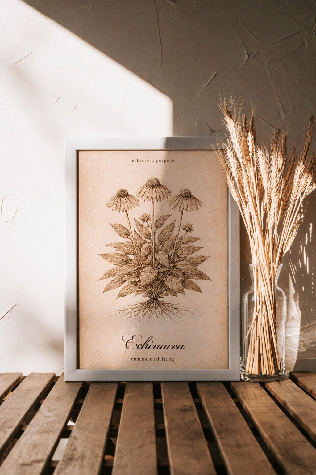 Vintage sepia medicinal herb poster featuring Echinacea (Echinacea purpurea) as a detailed botanical illustration on aged paper, with a clear printed title and apothecary reference style.