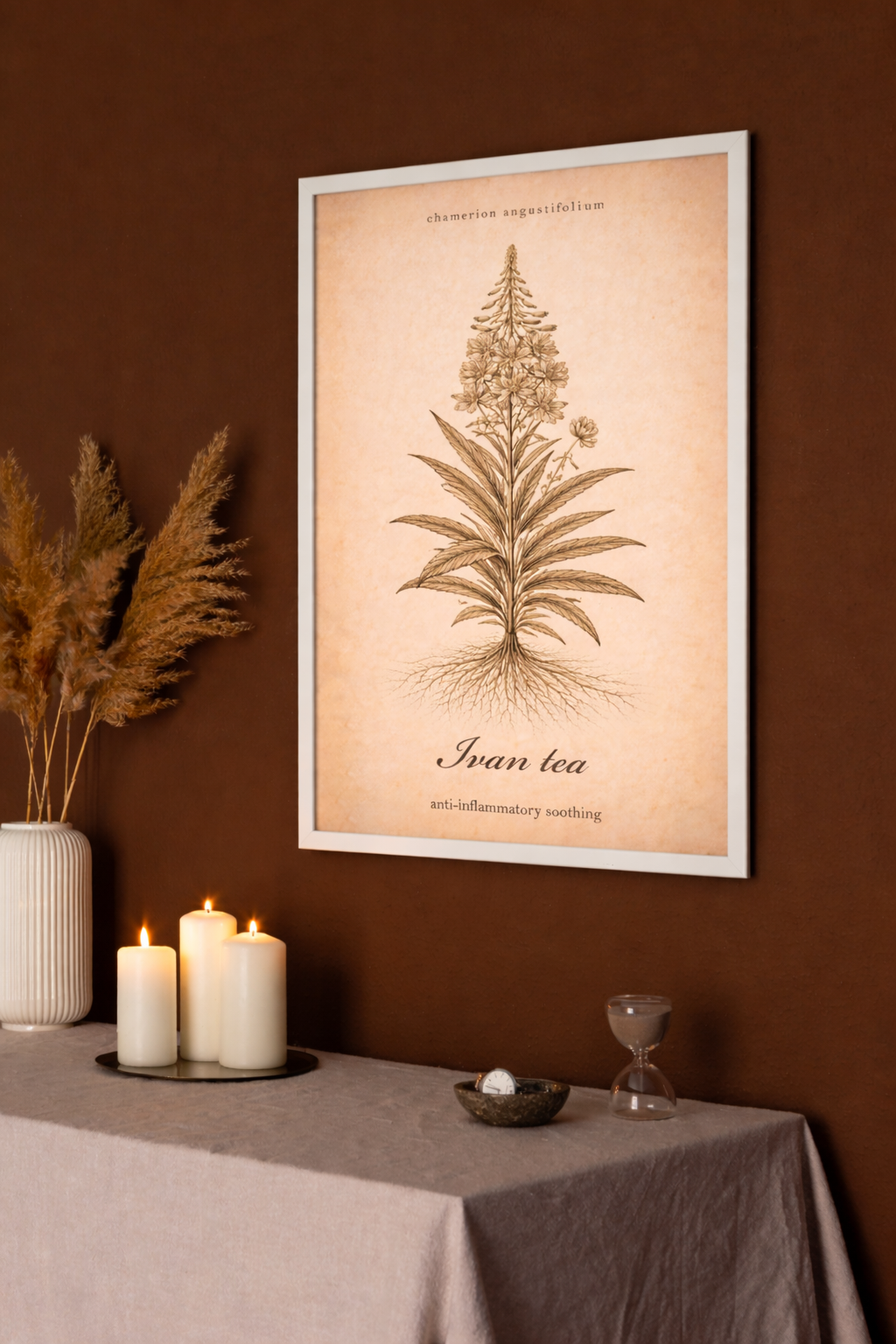 Vintage sepia wild herb botanical poster featuring Ivan Tea (Chamerion angustifolium) on aged paper, with delicate plant detail and a simple herbarium reference layout.