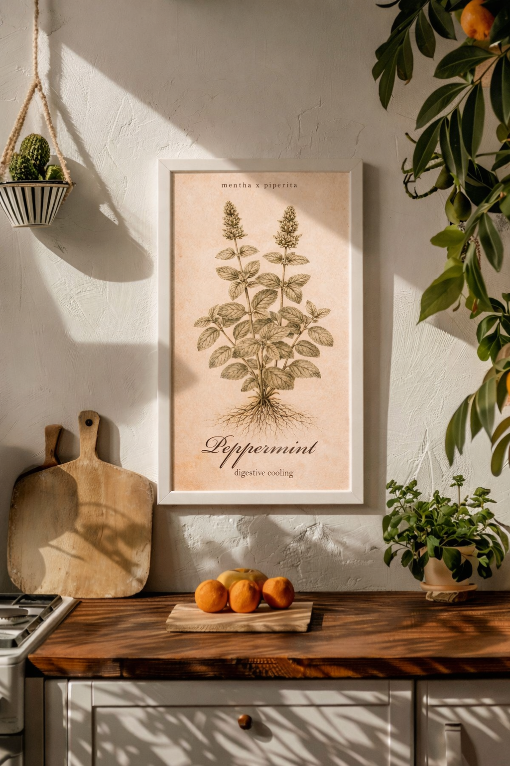 Vintage sepia kitchen herb poster featuring Mint (Mentha) as a detailed botanical illustration on aged paper, with a clean printed title and reference-style layout.