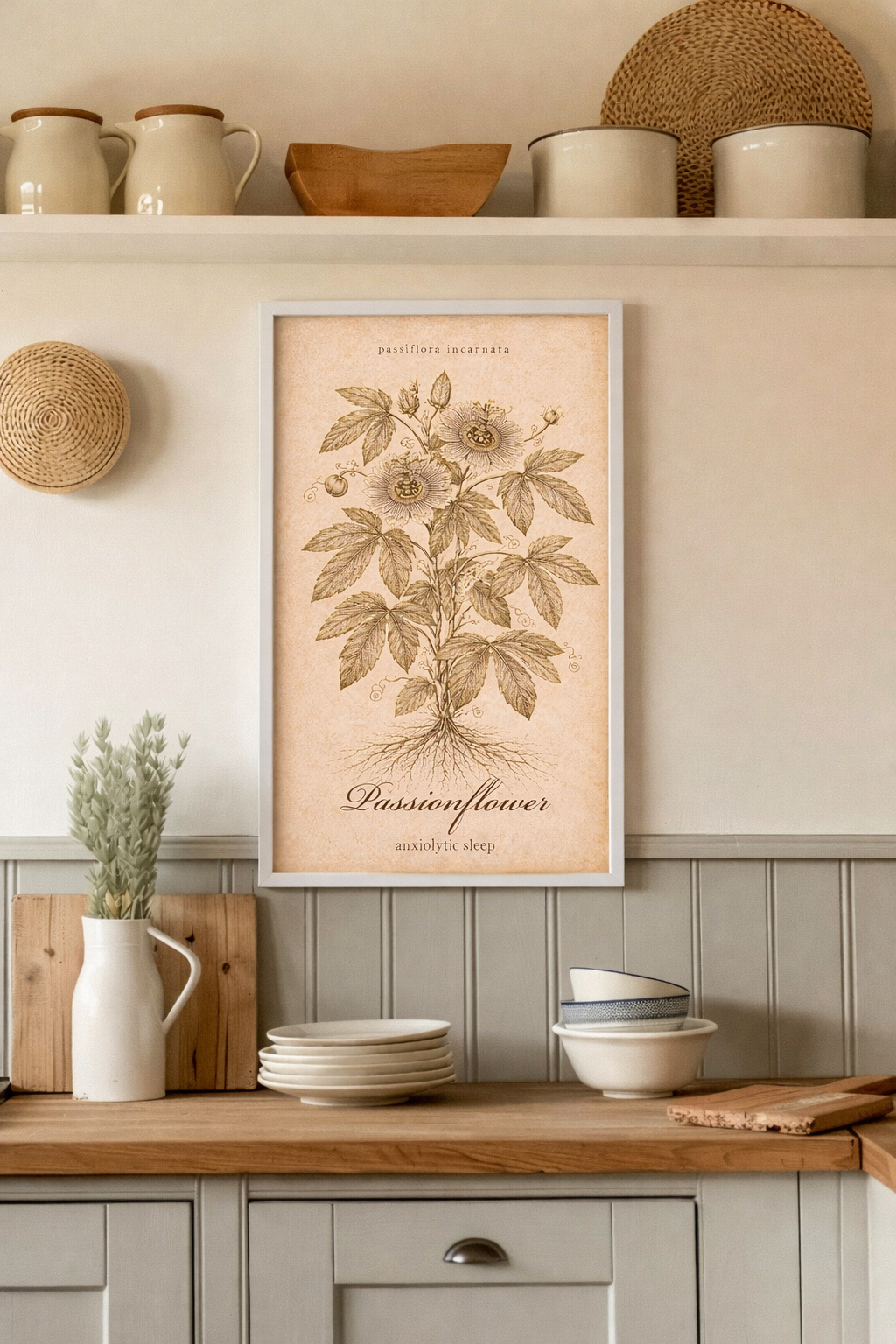 Vintage sepia medicinal herb poster featuring Passionflower (Passiflora incarnata) as a detailed botanical illustration on aged paper, with a clear printed title and apothecary reference style.