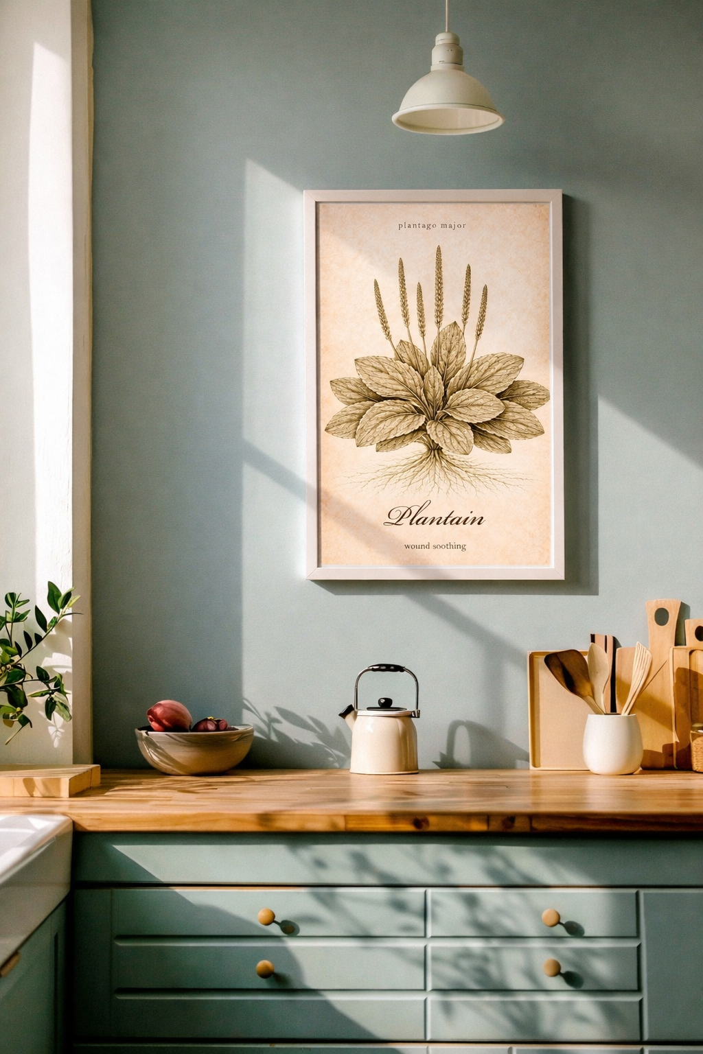 Vintage sepia medicinal herb poster featuring Plantain (Plantago major) as a detailed botanical illustration on aged paper, with a clear printed title and apothecary reference style.
