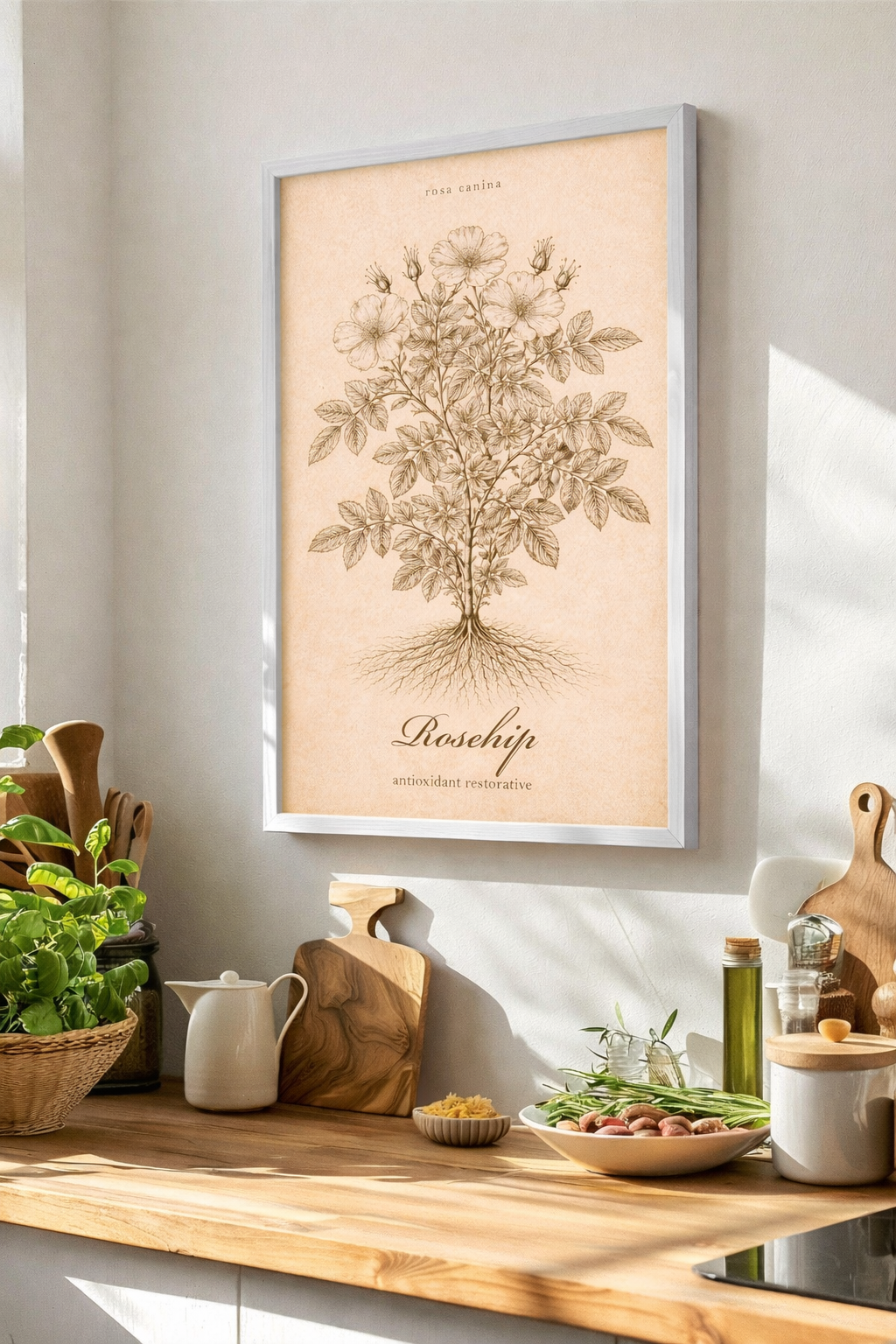 Vintage sepia medicinal herb poster featuring Rosehip (Rosa canina) as a detailed botanical illustration on aged paper, with a clear printed title and apothecary reference style.