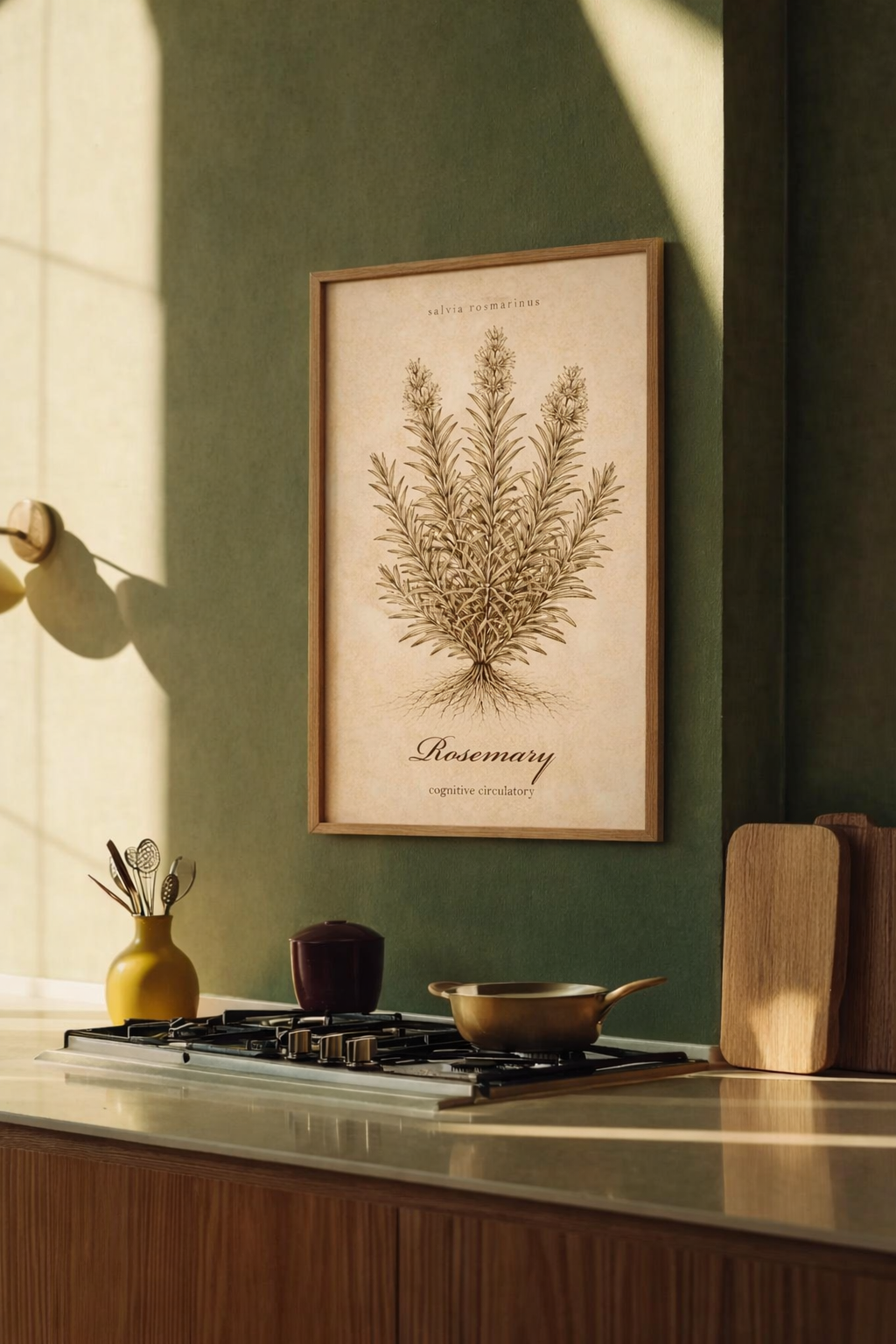 Vintage sepia kitchen herb poster featuring Rosemary (Salvia rosmarinus) as a detailed botanical illustration on aged paper, with a clean printed title and reference-style layout.
