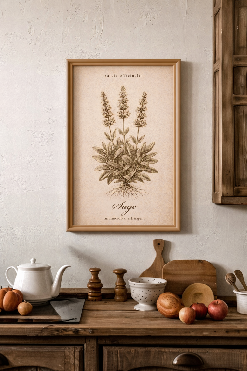 Vintage sepia kitchen herb poster featuring Sage (Salvia officinalis) as a detailed botanical illustration on aged paper, with a clean printed title and reference-style layout.