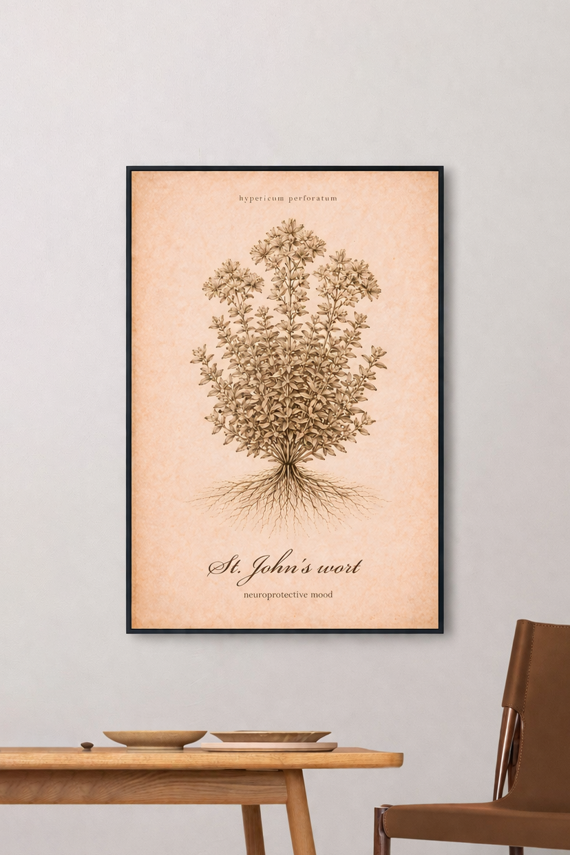 Vintage sepia medicinal herb poster featuring St Johns Wort (Hypericum perforatum) as a detailed botanical illustration on aged paper, with a clear printed title and apothecary reference style.