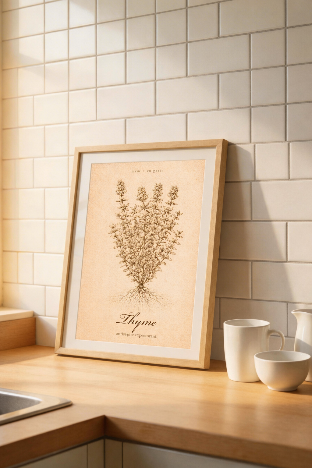 Vintage sepia kitchen herb poster featuring Thyme (Thymus vulgaris) as a detailed botanical illustration on aged paper, with a clean printed title and reference-style layout.