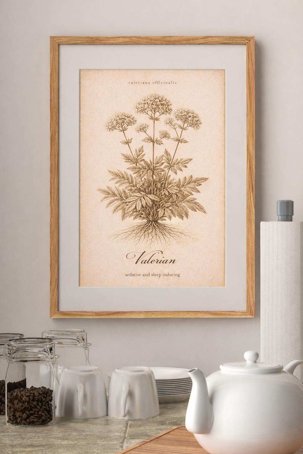 Vintage sepia medicinal herb poster featuring Valerian (Valeriana officinalis) as a detailed botanical illustration on aged paper, with a clear printed title and apothecary reference style.