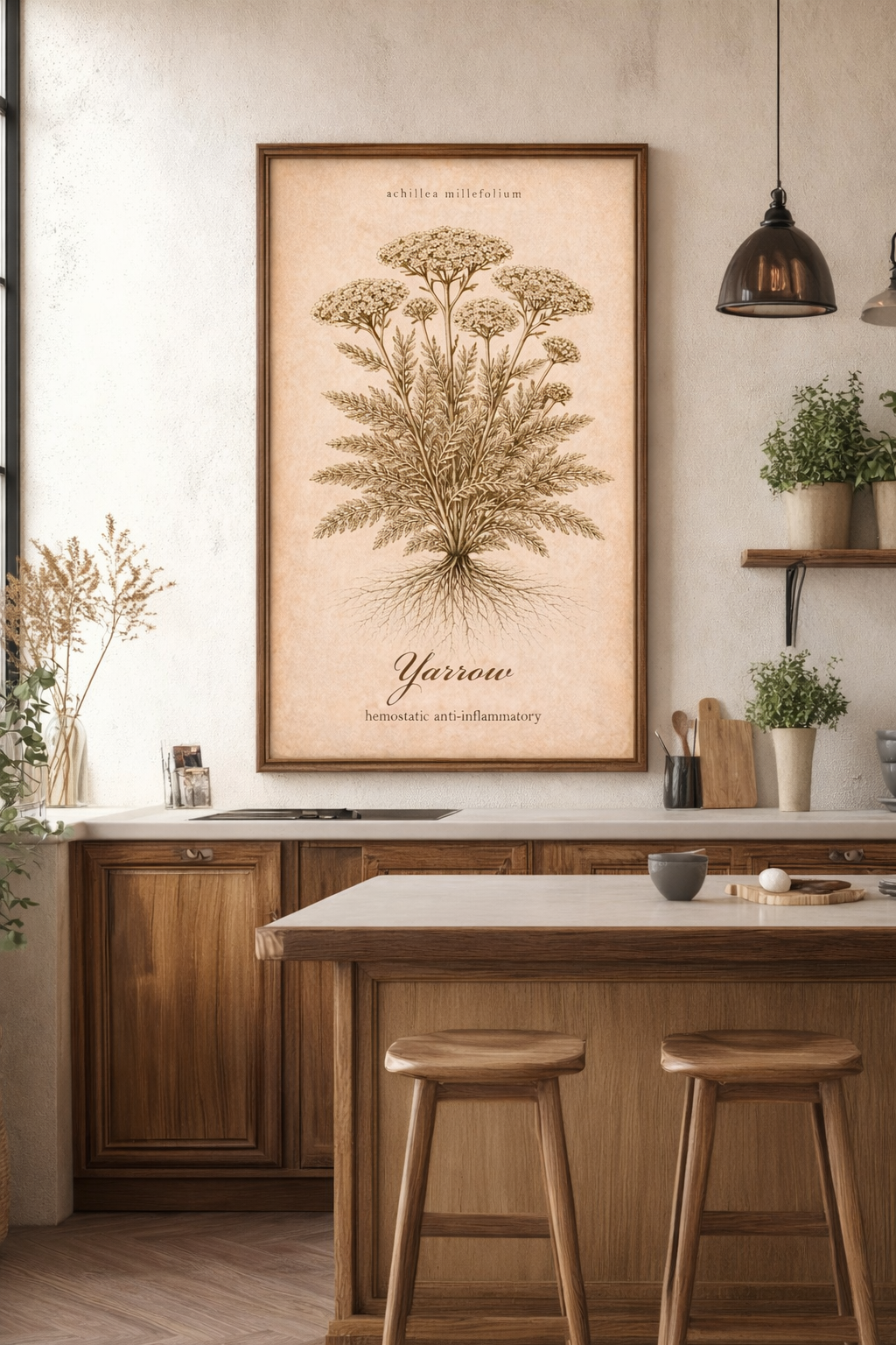Vintage sepia medicinal herb poster featuring Yarrow (Achillea millefolium) as a detailed botanical illustration on aged paper, with a clear printed title and apothecary reference style.