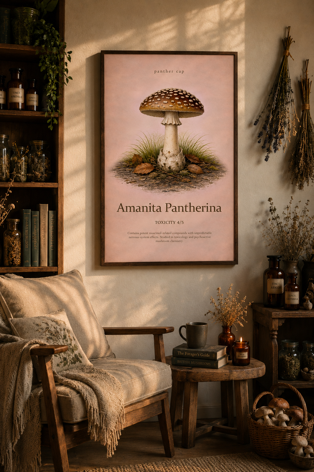 A large framed panther cap mushroom poster hangs above a cozy chair, with books, amber bottles, dried plants and a basket of mushrooms nearby.
