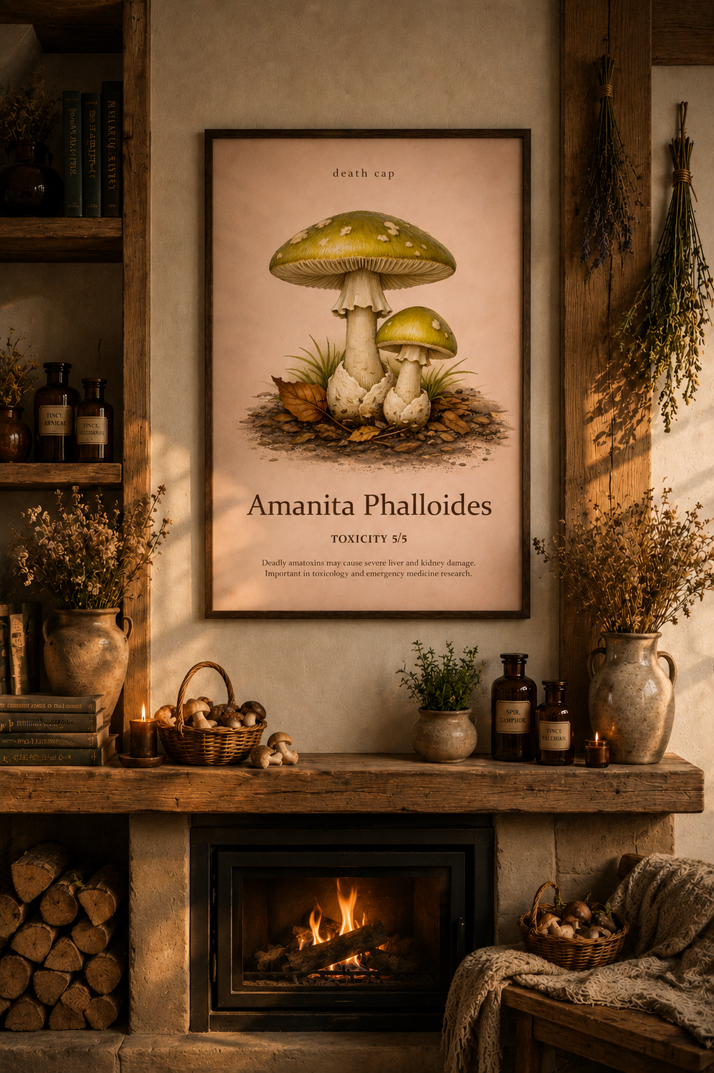 Death cap mushrooms are displayed in a large framed poster above a lit fireplace, with amber bottles, dried plants, baskets and warm cottage-style decor around it.