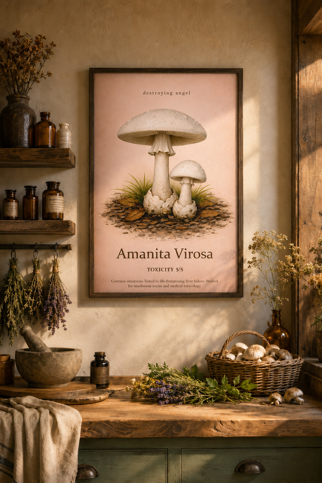 White destroying angel mushrooms are shown in a framed poster over a wooden counter, with hanging herbs, a mortar, bottles, flowers and a basket of mushrooms.