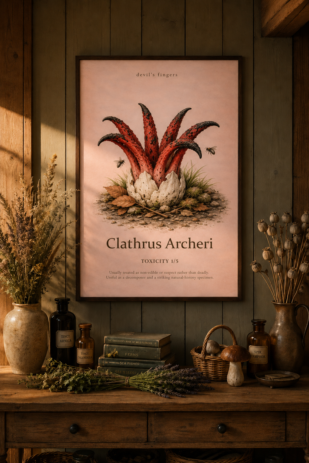 Red devil's fingers fungus is shown in a dark wooden frame above a rustic cabinet with dried flowers, old books, glass bottles and a small mushroom basket.