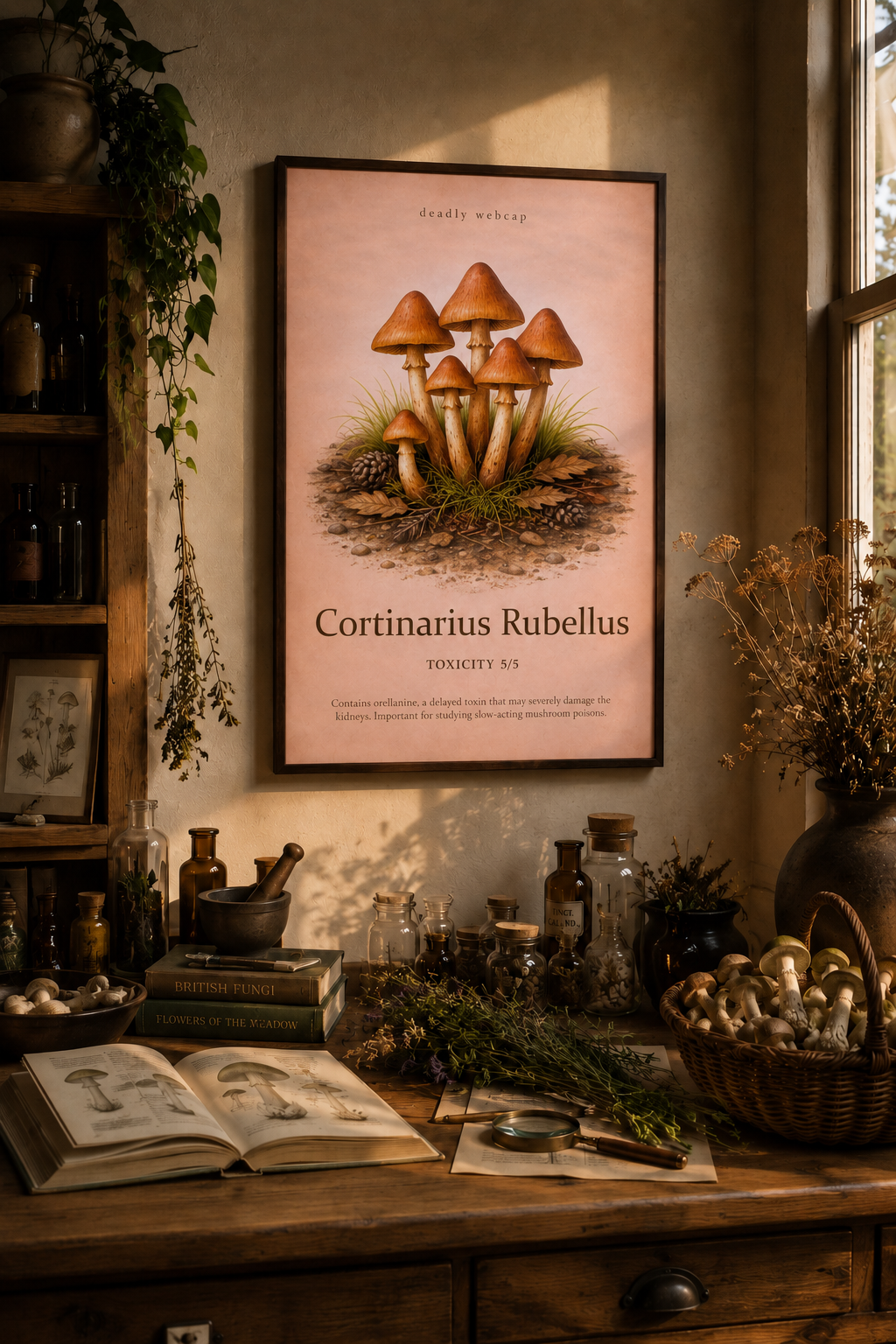 Orange deadly webcap mushrooms are illustrated on a large framed poster above a worktable with books, jars, dried herbs, a magnifying glass and mushroom baskets.