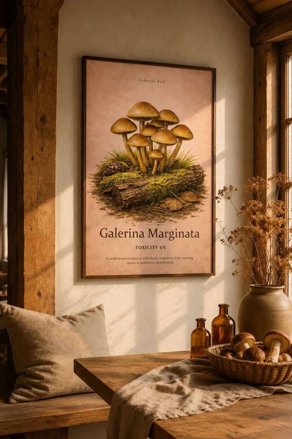 A cluster of funeral bell mushrooms appears on a framed poster in a sunlit room, with amber bottles, a fabric-covered table and a basket of mushrooms underneath.