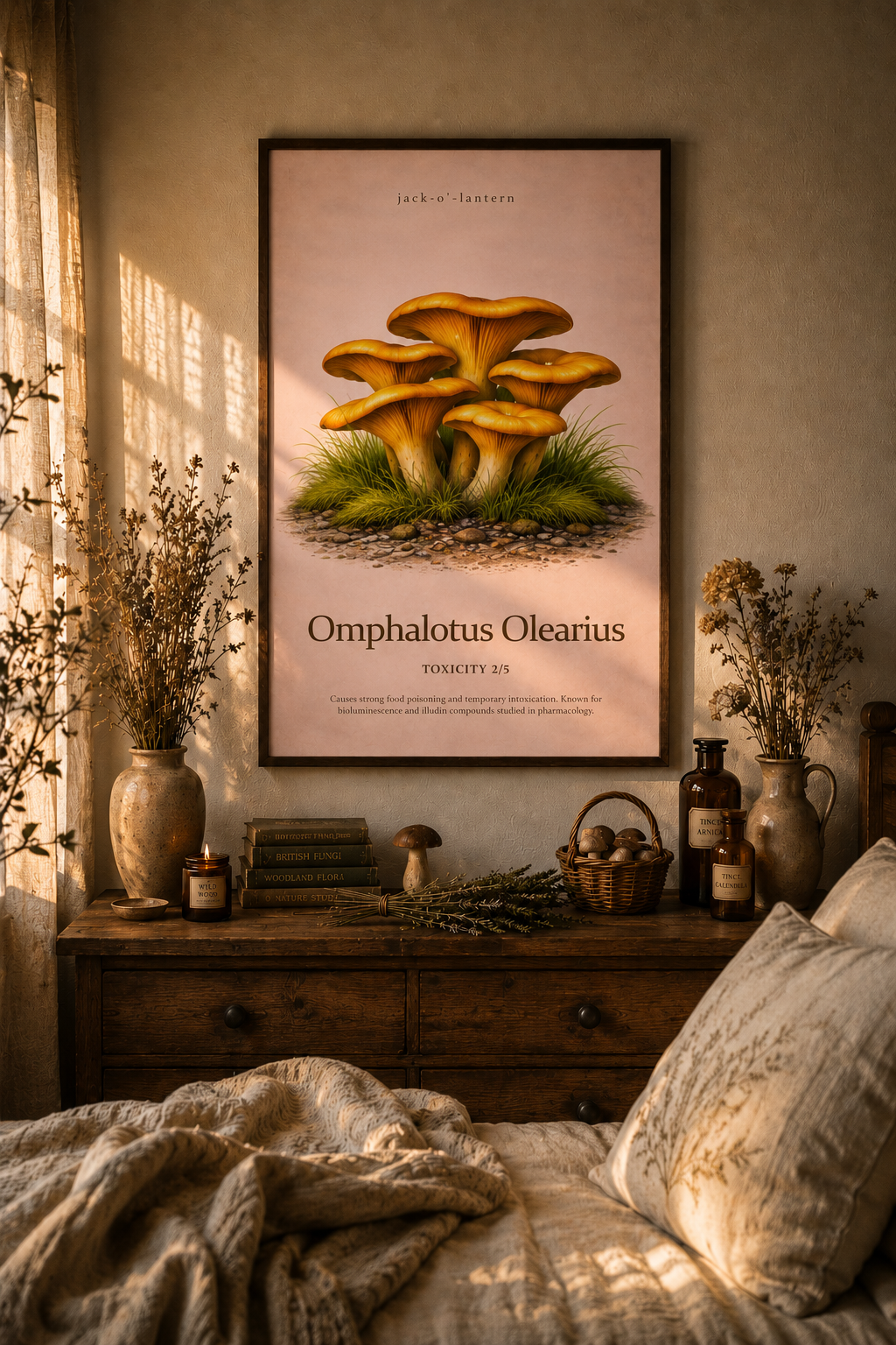 Orange jack-o'-lantern mushrooms fill a large framed poster above a wooden dresser, with candles, books, dried stems, bottles and a small basket below.
