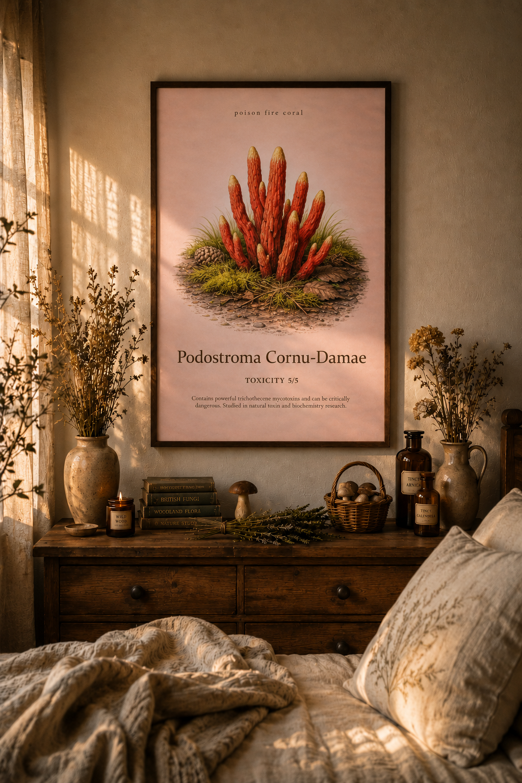Bright red poison fire coral fungus stands on a framed poster above a wooden dresser, with dried flowers, bottles, books, candles and soft bedding in the foreground.
