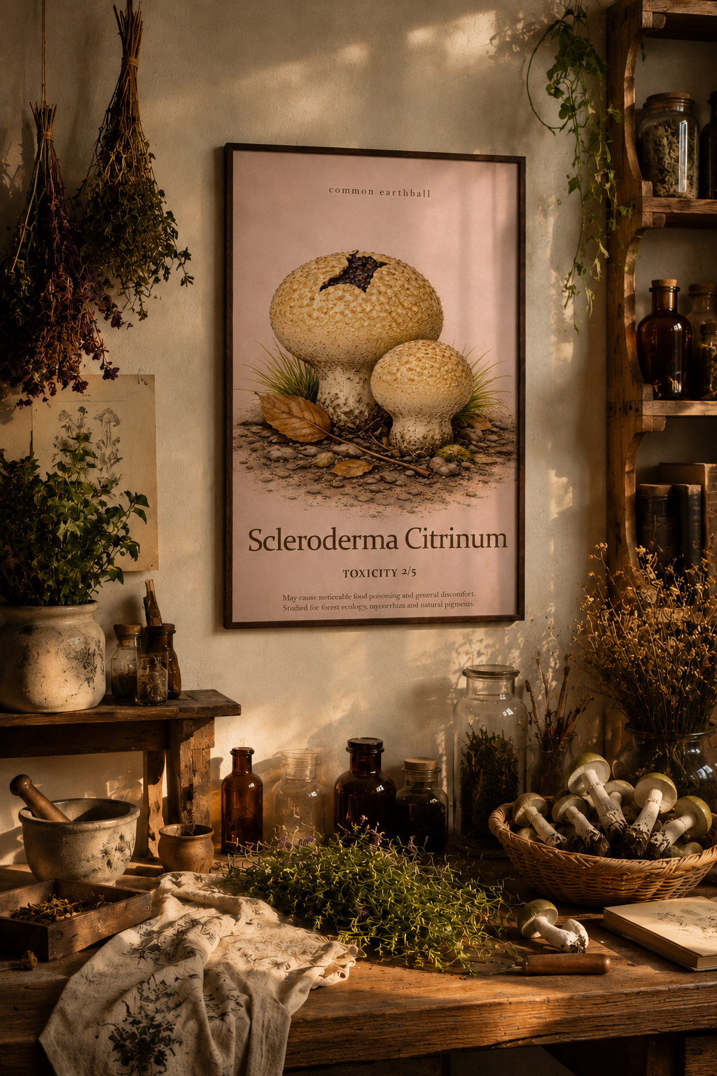 Two common earthball mushrooms appear on a framed wall poster, surrounded by jars, dried plants, a mortar, scattered greenery and a basket of pale mushrooms.